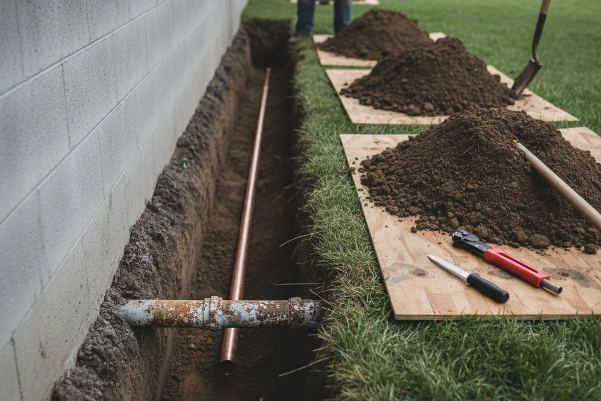 Excavated water line trench during Sewer Line Repair in Springport
